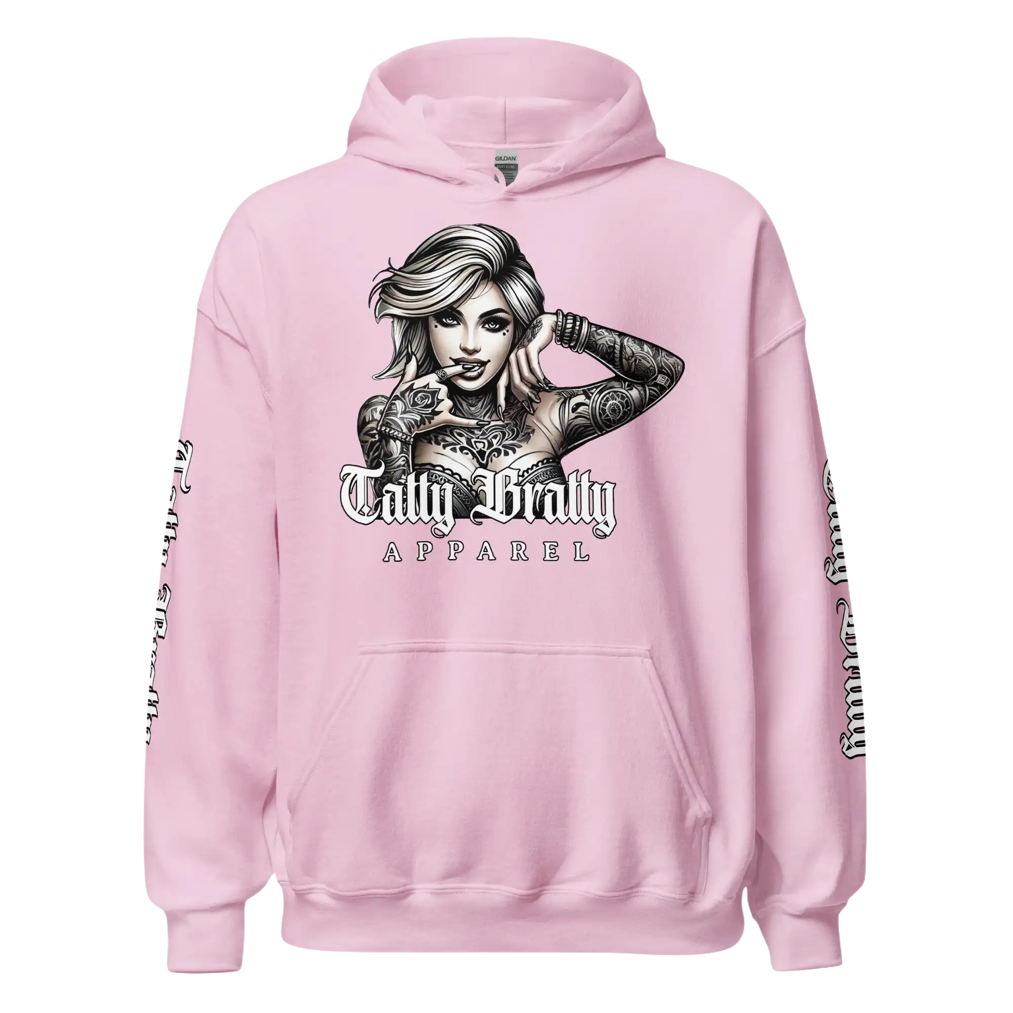 Pink hoodie with tattooed woman graphic.