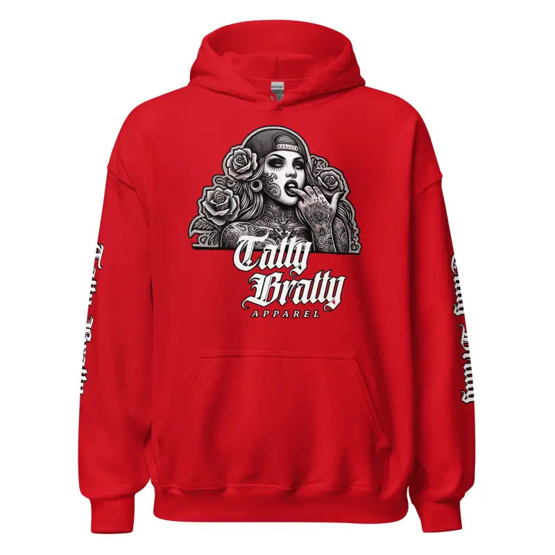 Red hoodie with graphic print.
