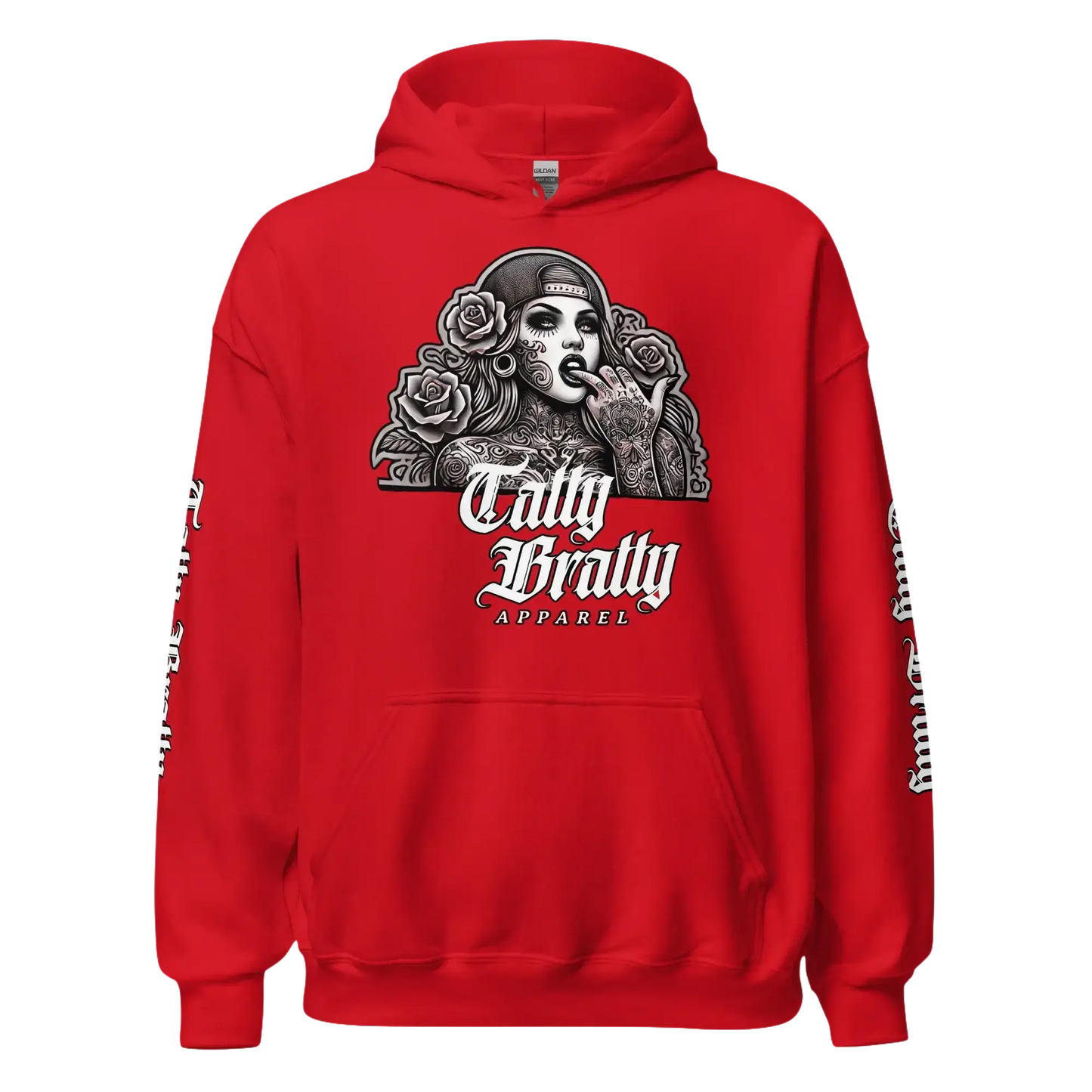 Red hoodie with graphic print.