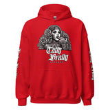 Red hoodie with graphic print.