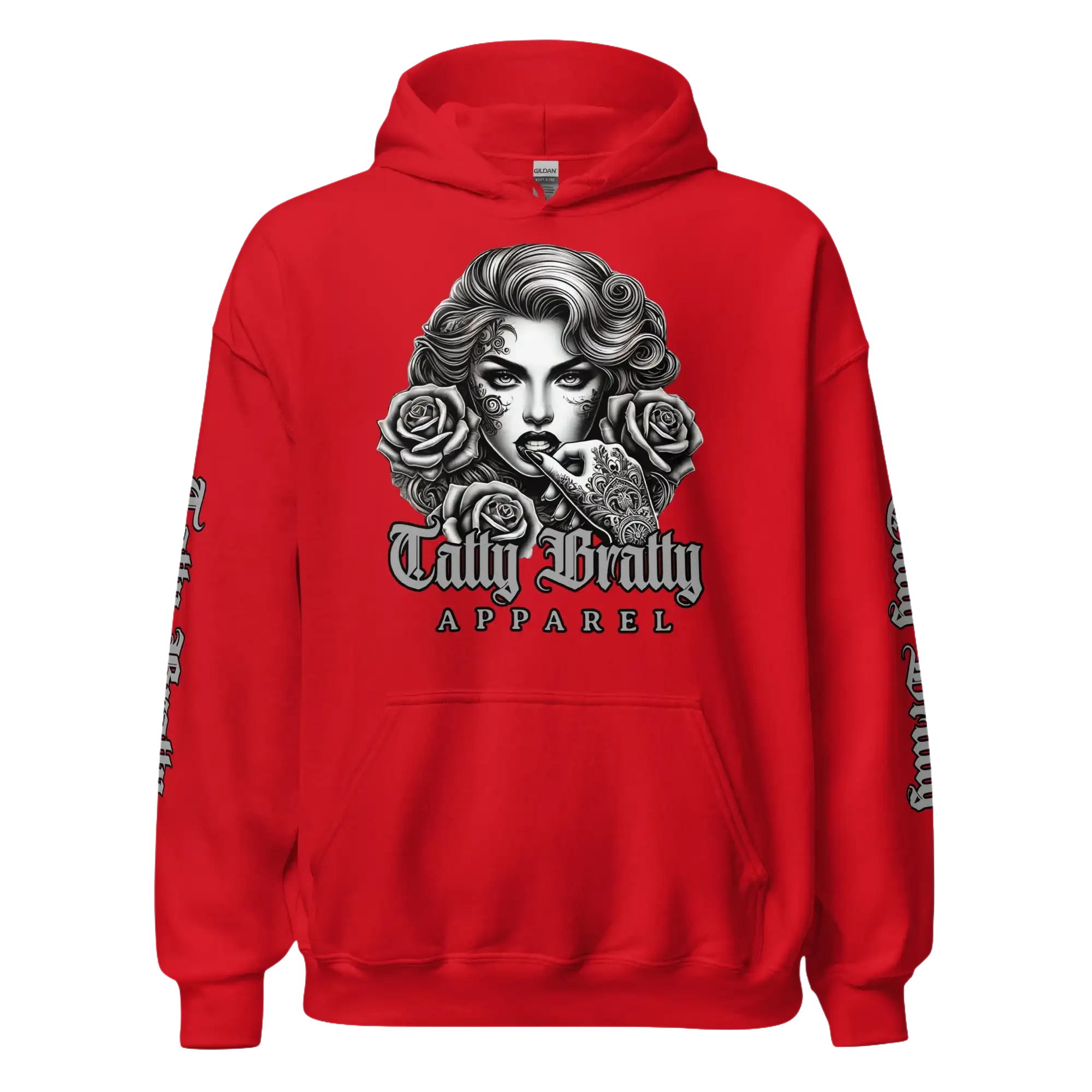 Red hoodie with graphic print.