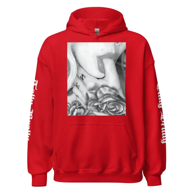 Red hoodie with tattoo graphic.