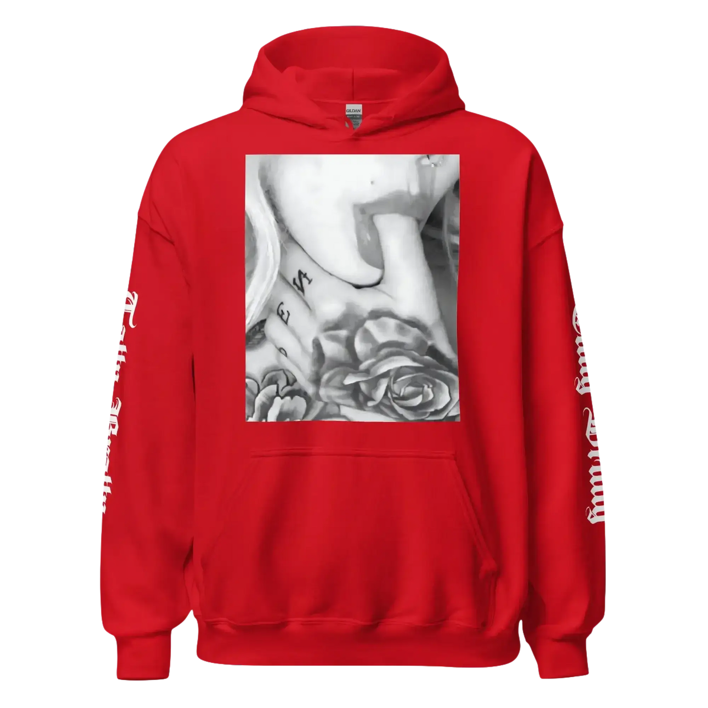 Red hoodie with tattoo graphic.
