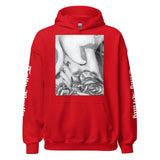 Red hoodie with tattoo graphic.