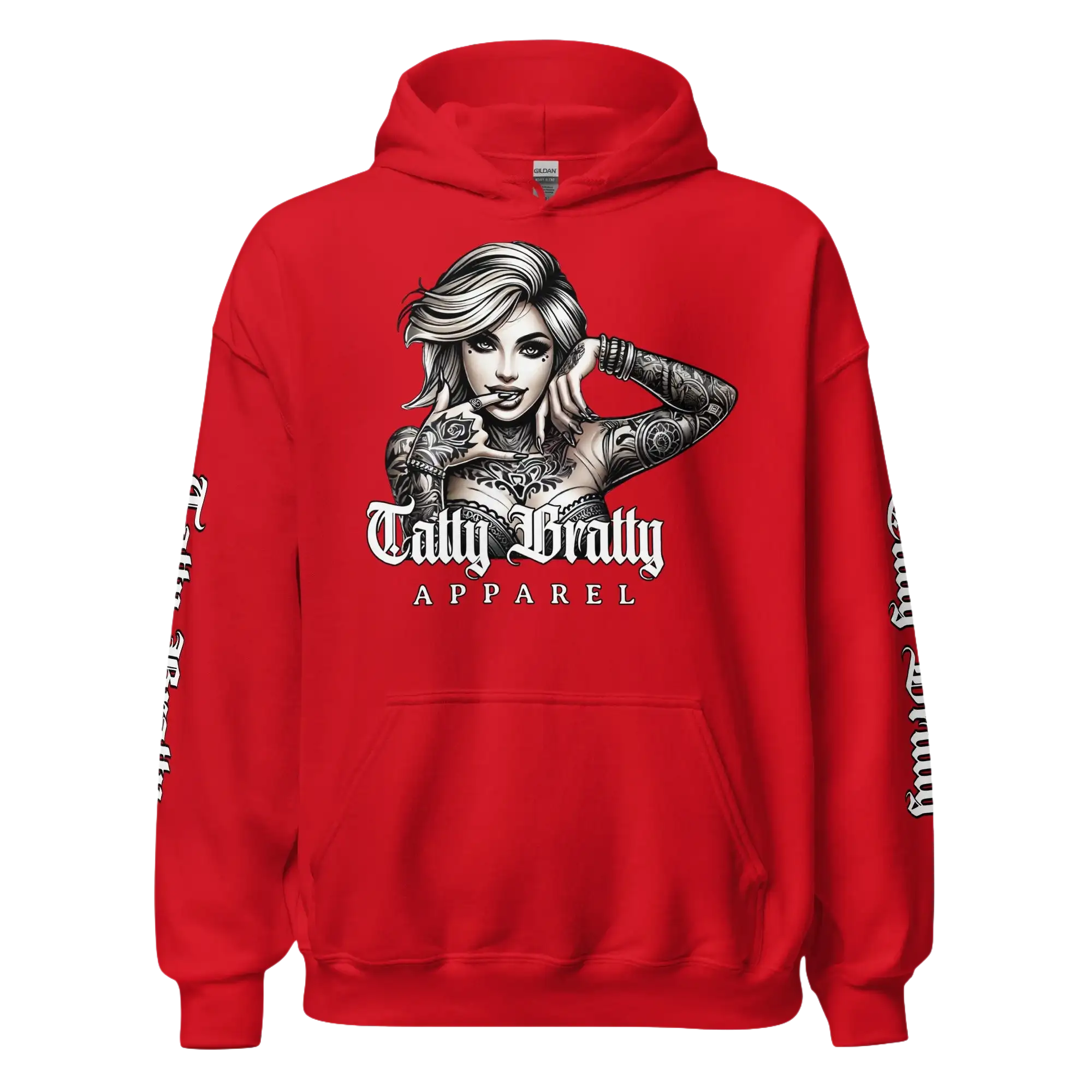Red hoodie with tattooed woman graphic.