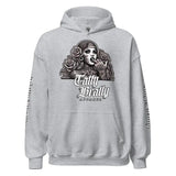 Gray hoodie with graphic.