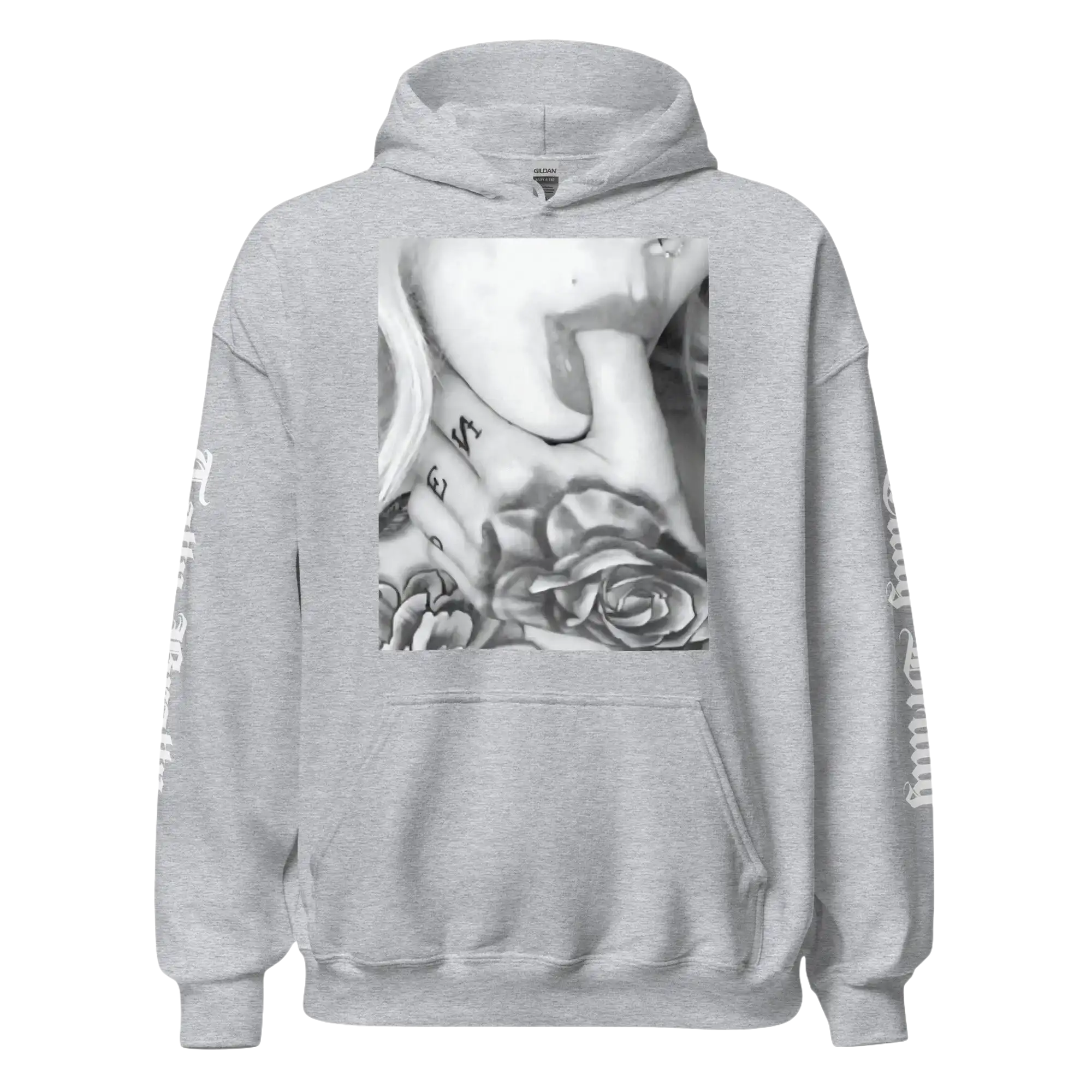 Gray hoodie with tattoo graphic.