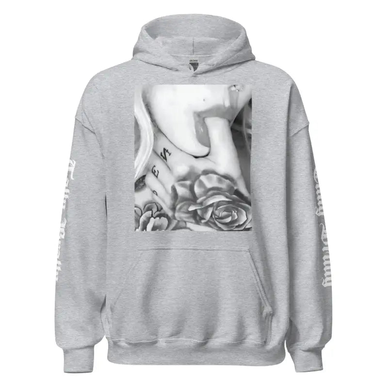 Gray hoodie with tattoo graphic.