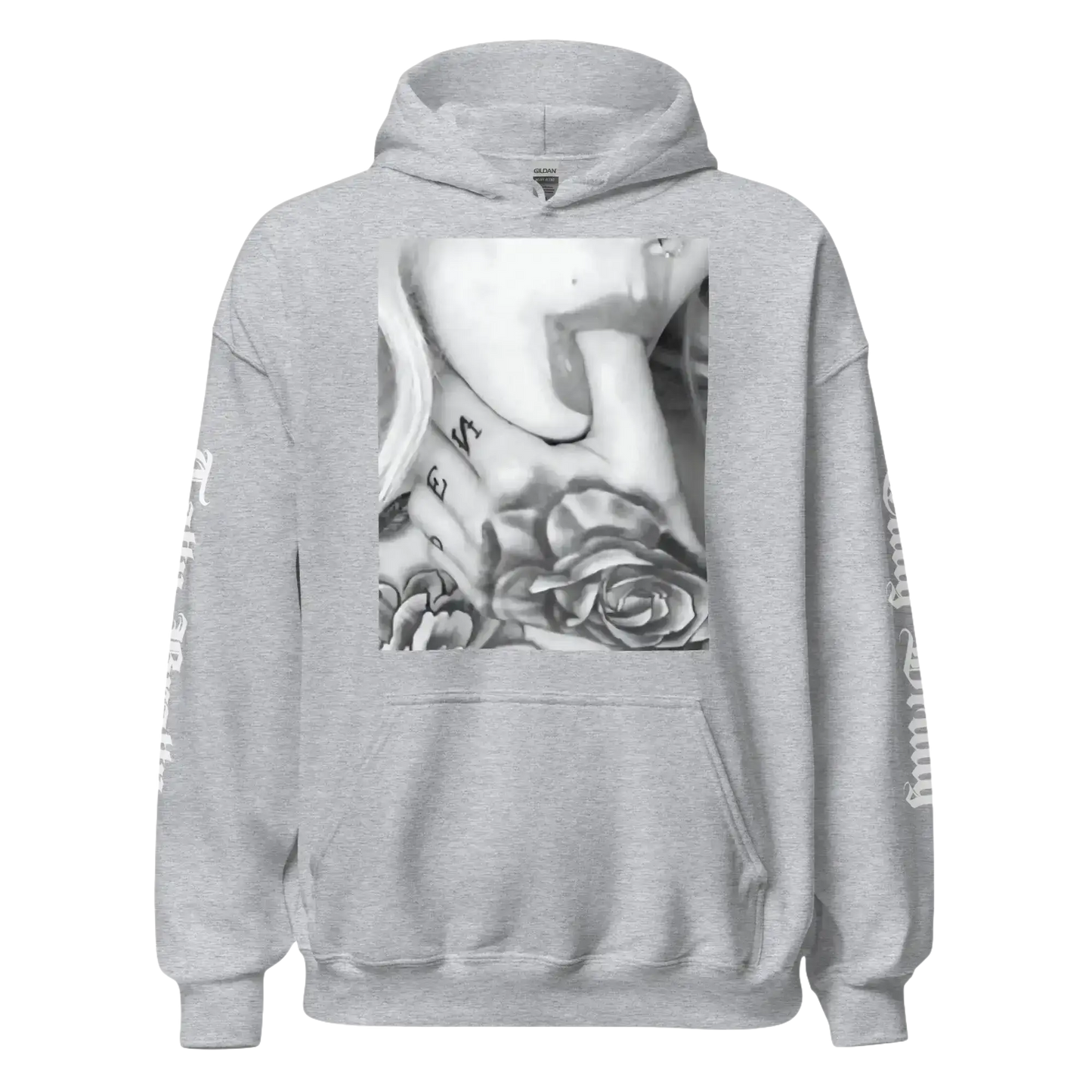 Gray hoodie with tattoo graphic.