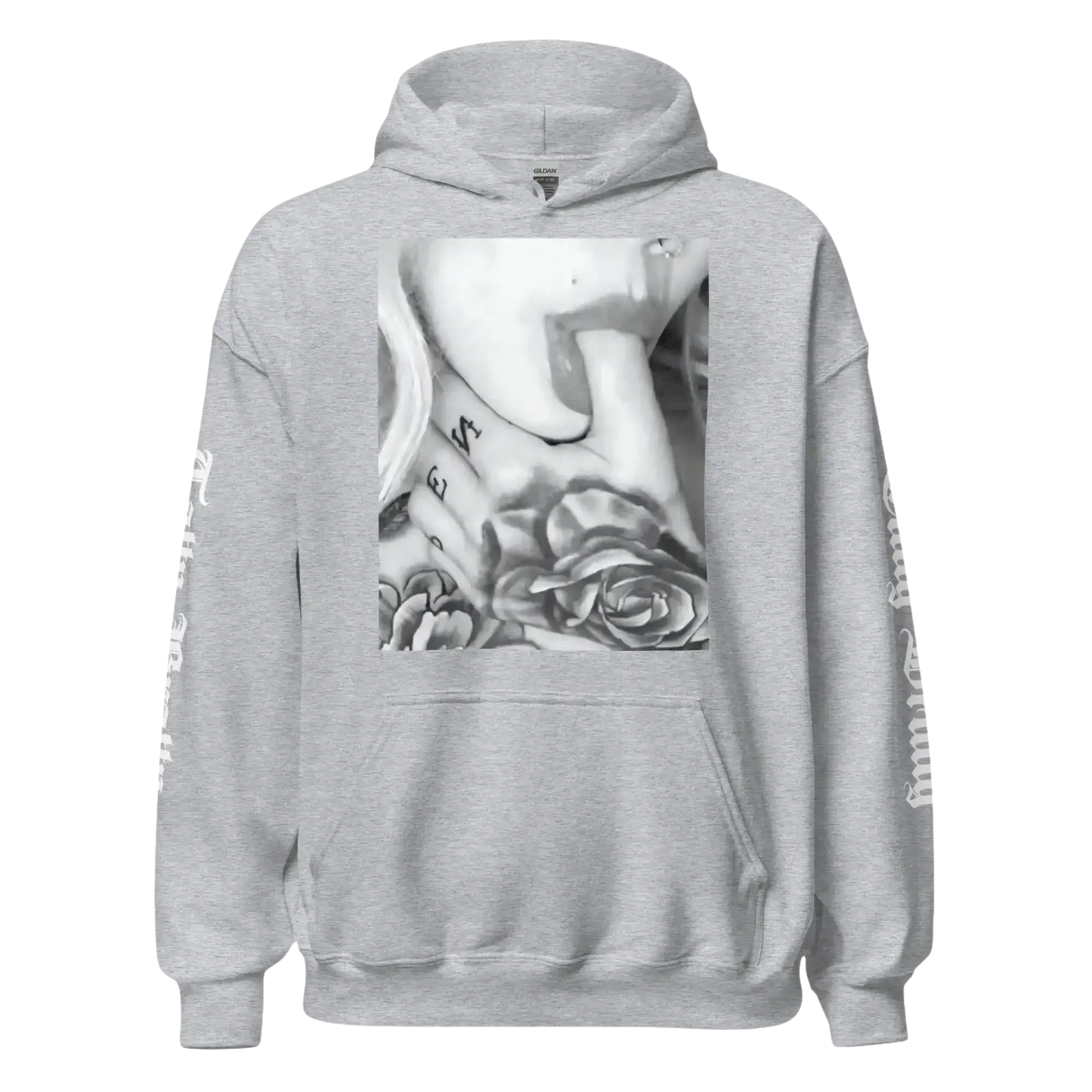 Gray hoodie with tattoo graphic.