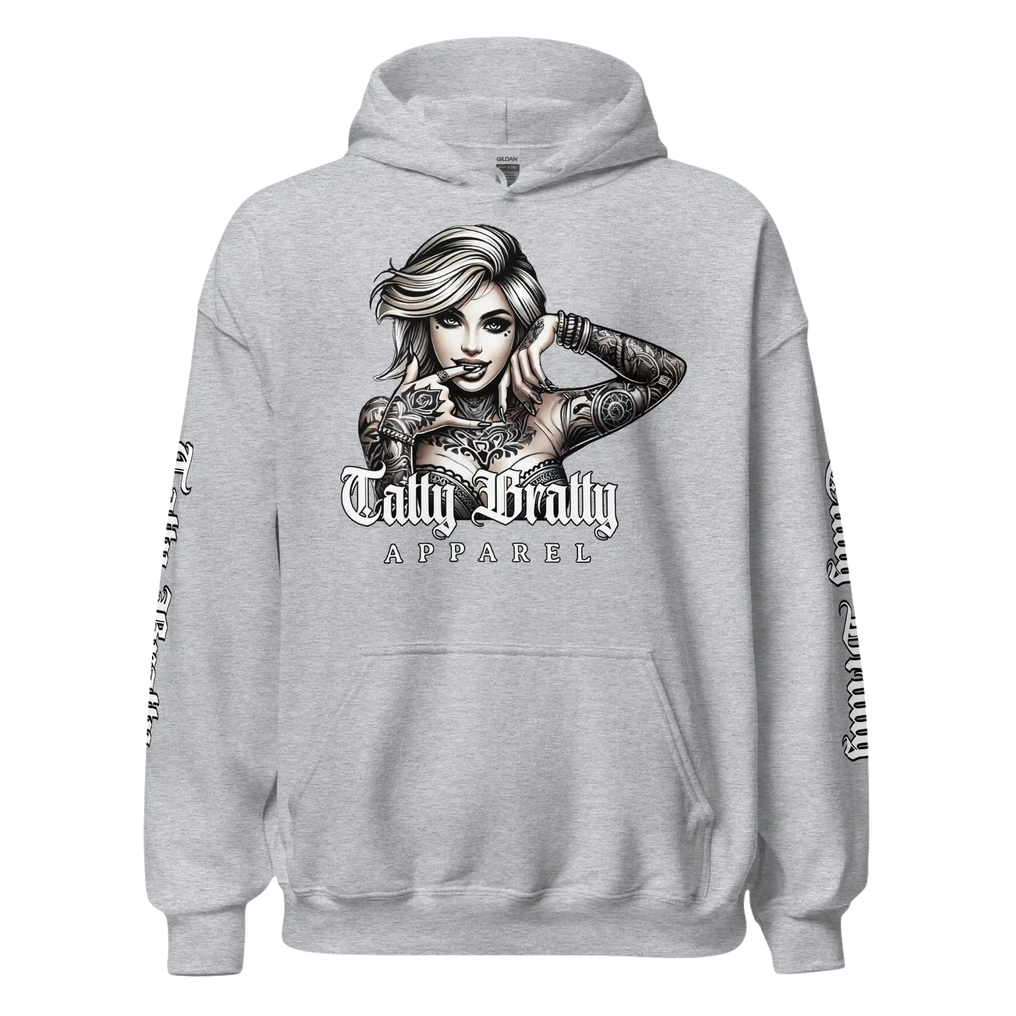 Gray hoodie with tattooed woman graphic.