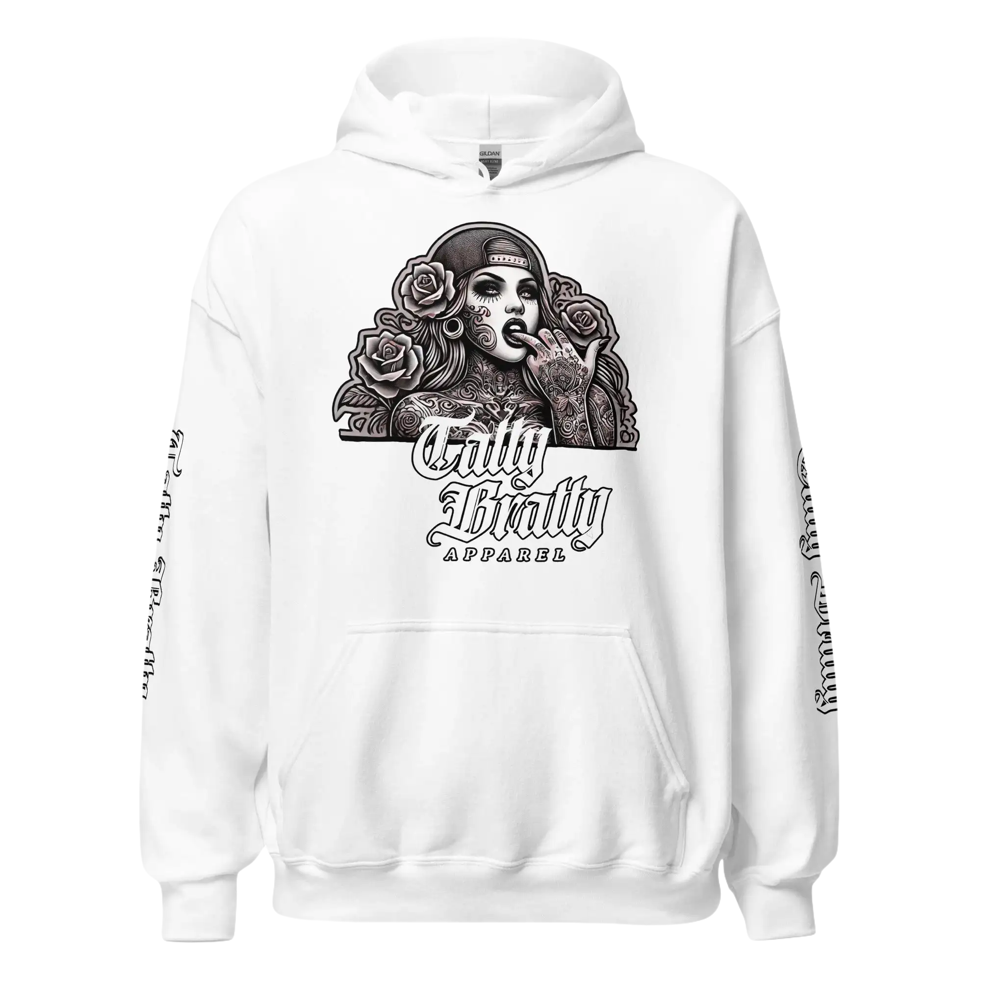 White hoodie with graphic print.