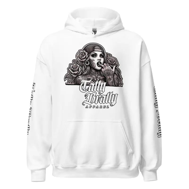 White hoodie with graphic print.