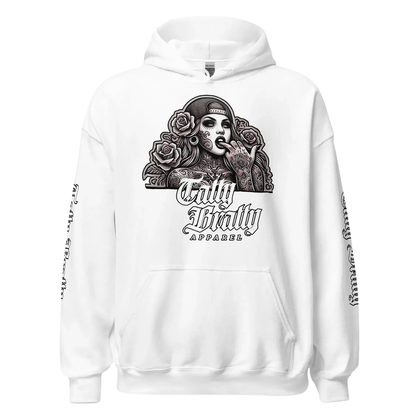 White hoodie with graphic print.