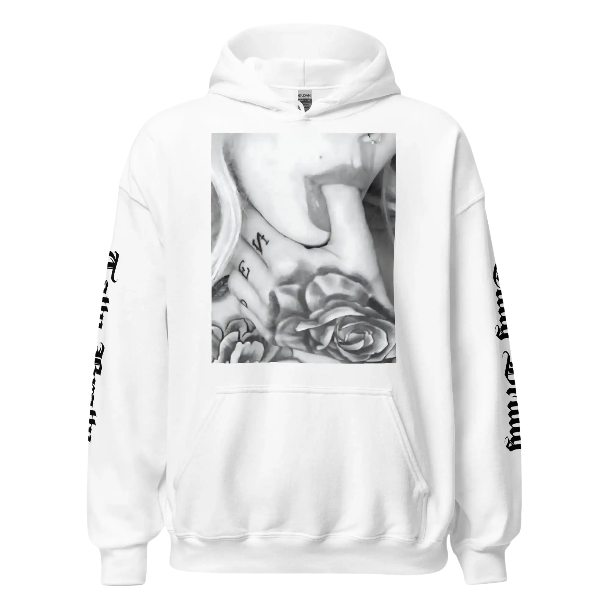 White hoodie with tattoo design.