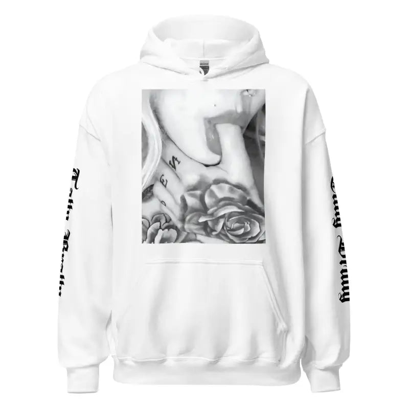 White hoodie with tattoo design.