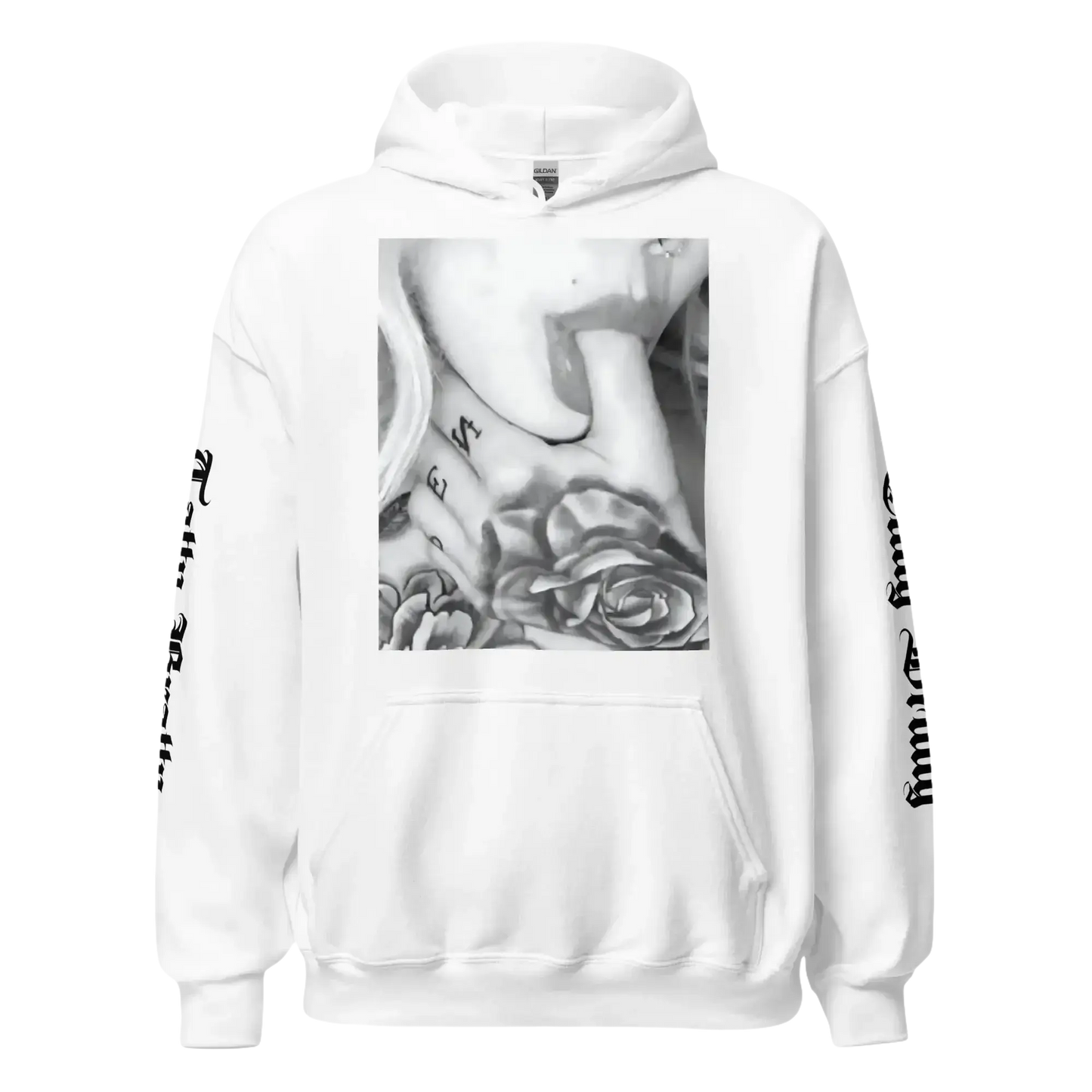 White hoodie with tattoo design.
