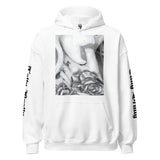 White hoodie with tattoo design.