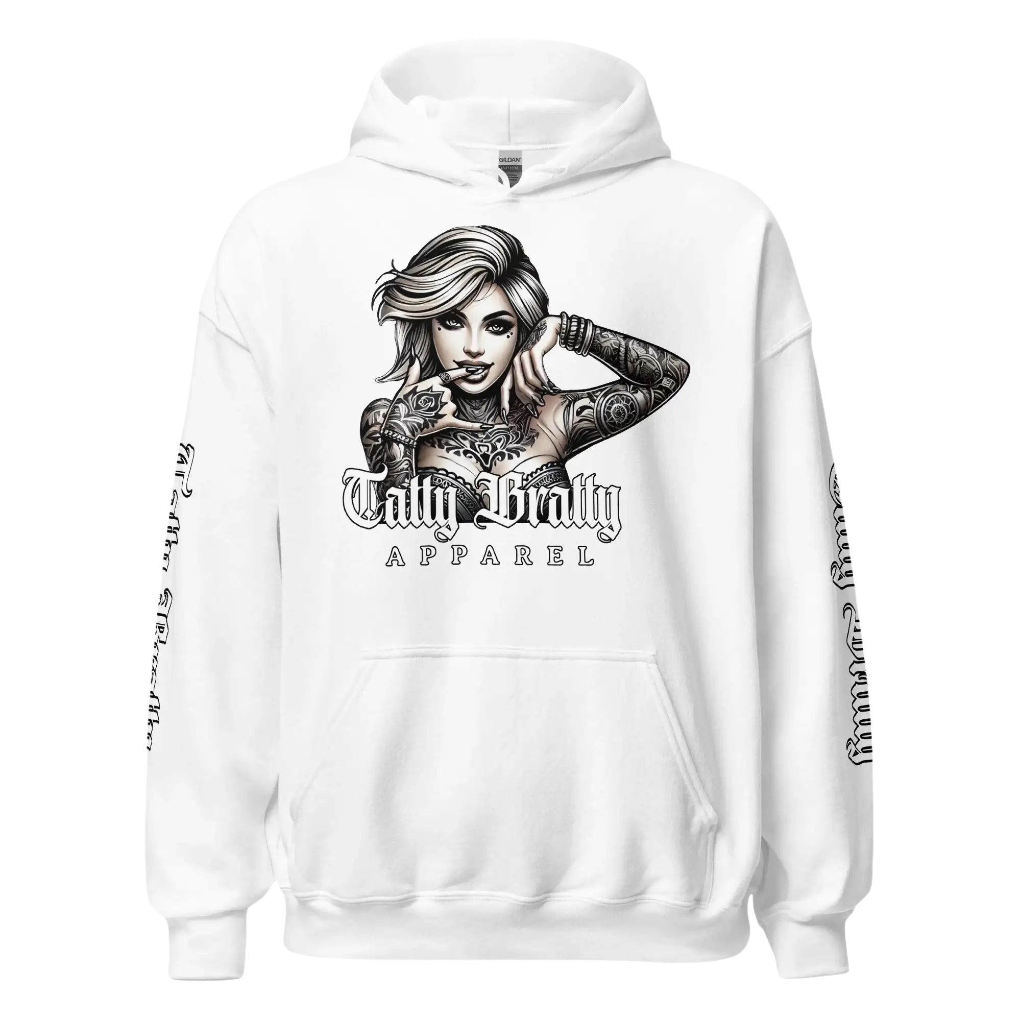 White hoodie with tattooed woman graphic.