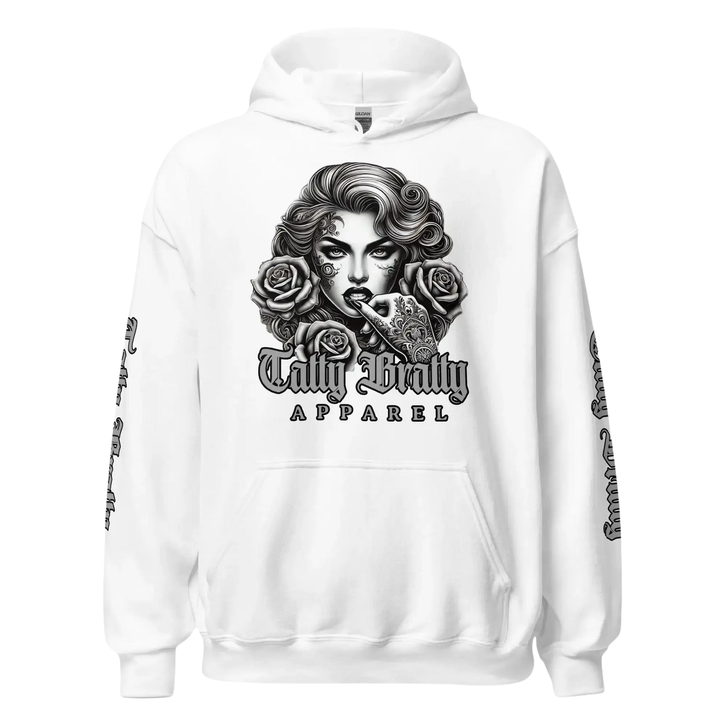 White hoodie with a woman and roses graphic.