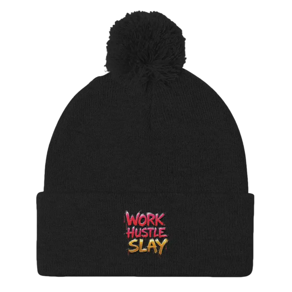 Black pom-pom beanie.