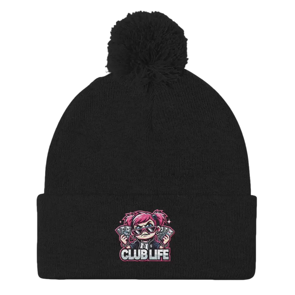 Black beanie with pompom and cartoon graphic.