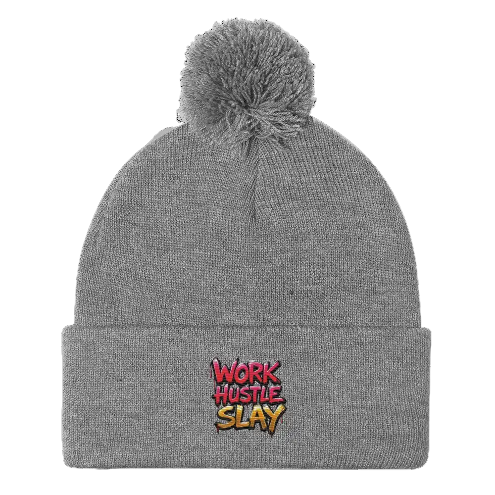 Gray knit beanie with pompom.