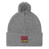 Gray knit beanie with pompom.