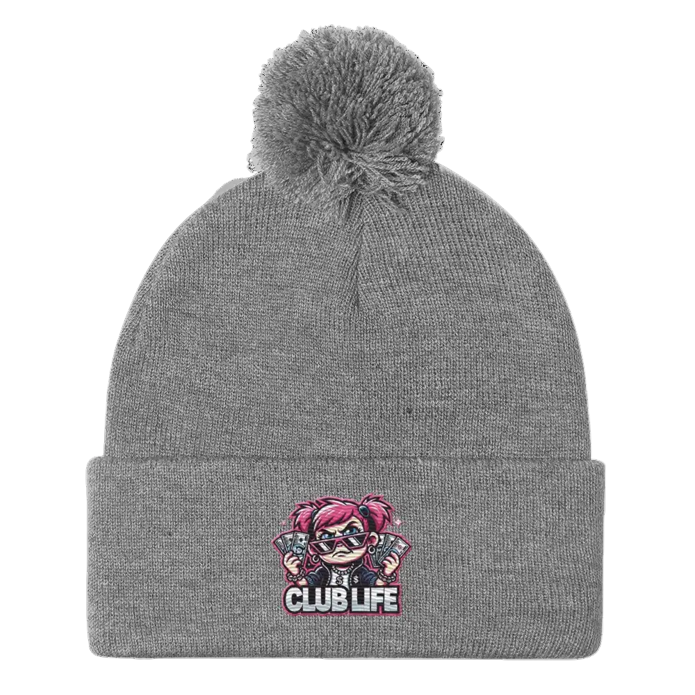 Gray knit beanie with pompom.