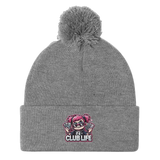 Gray knit beanie with pompom.