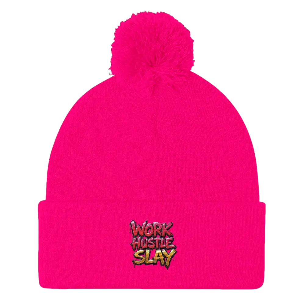 Bright pink beanie with pompom.