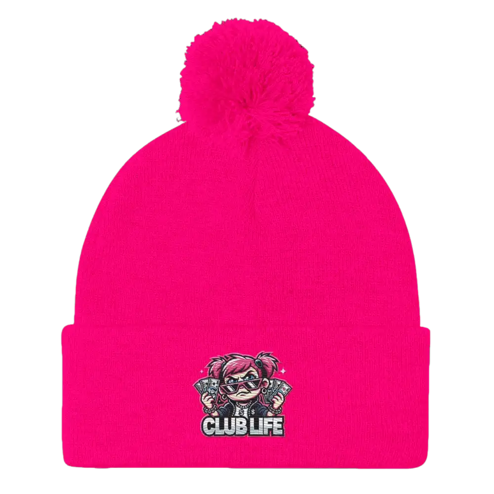 Bright pink beanie with pompom.