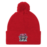 Red pom-pom beanie.