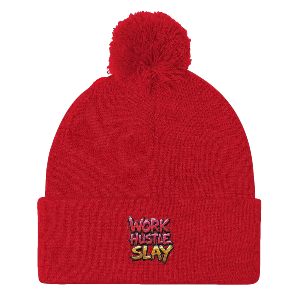 Red knit beanie with pompom.