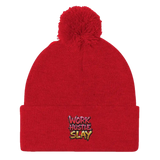 Red knit beanie with pompom.
