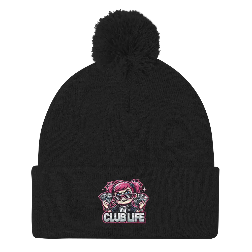 Black beanie with pompom and cartoon graphic.