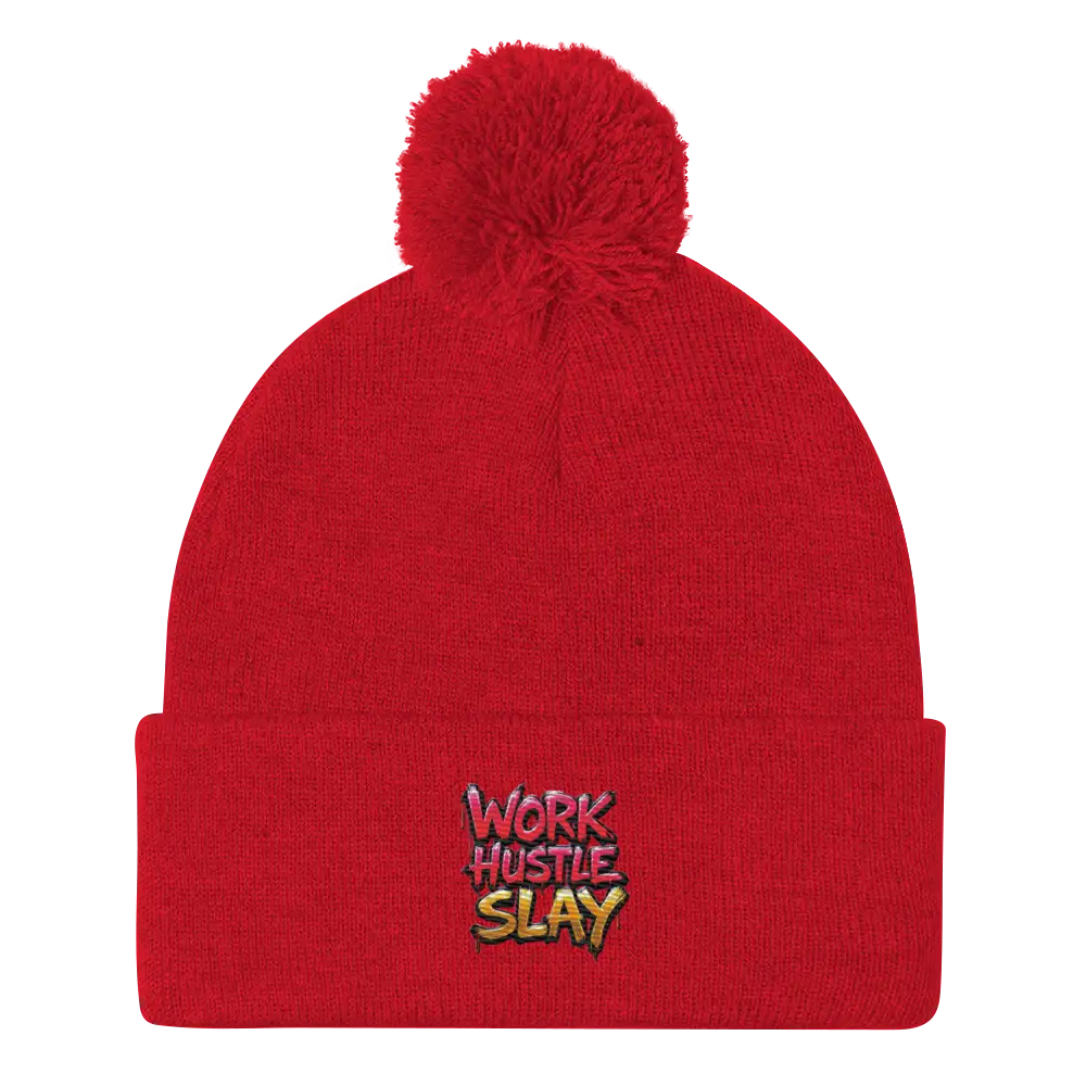 Red knit beanie with pompom.