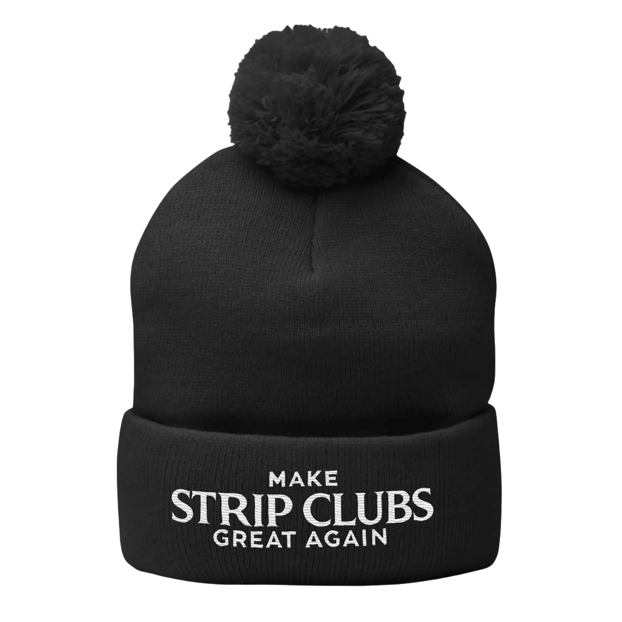 Black knit beanie with pompom.