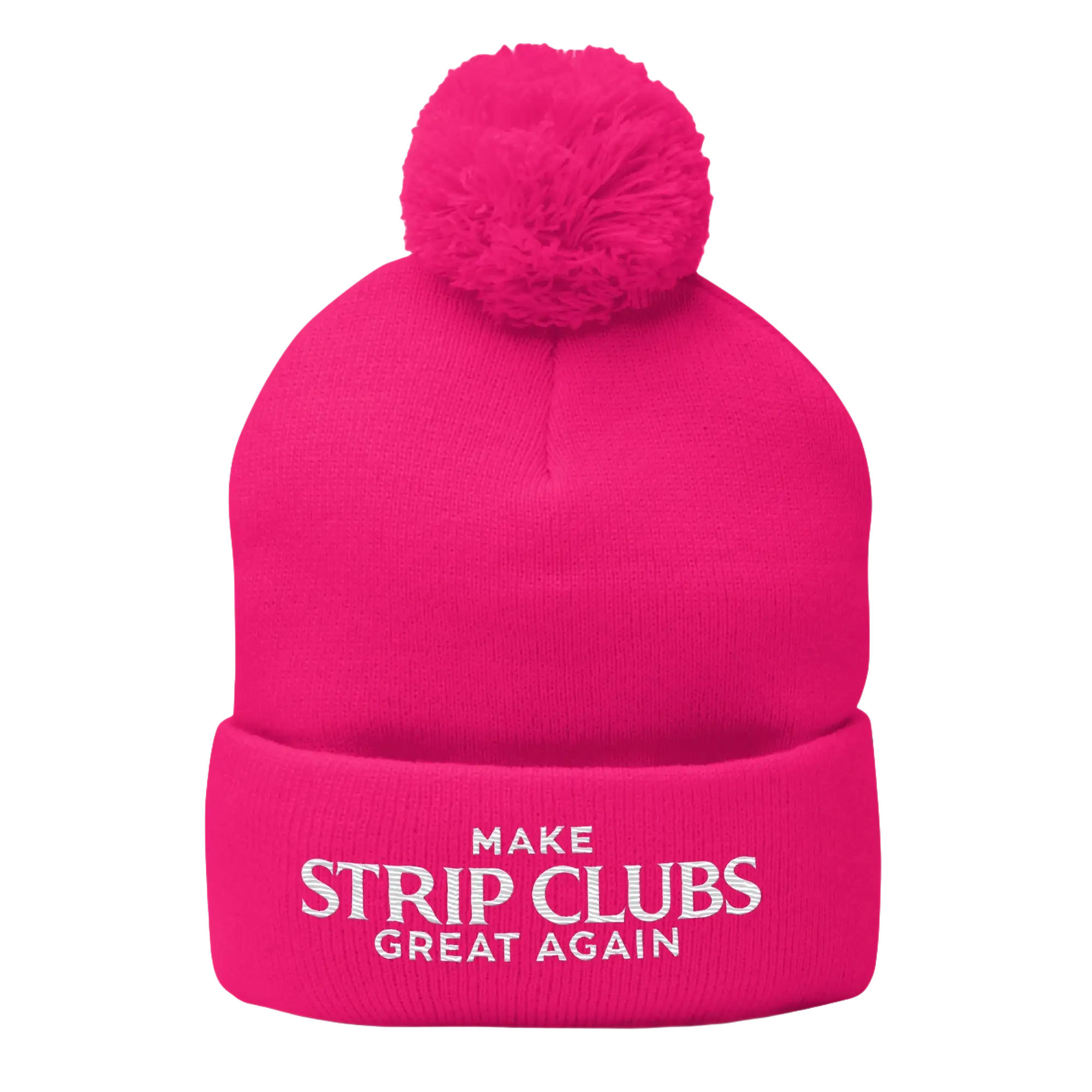 Pink knit beanie with pompom.