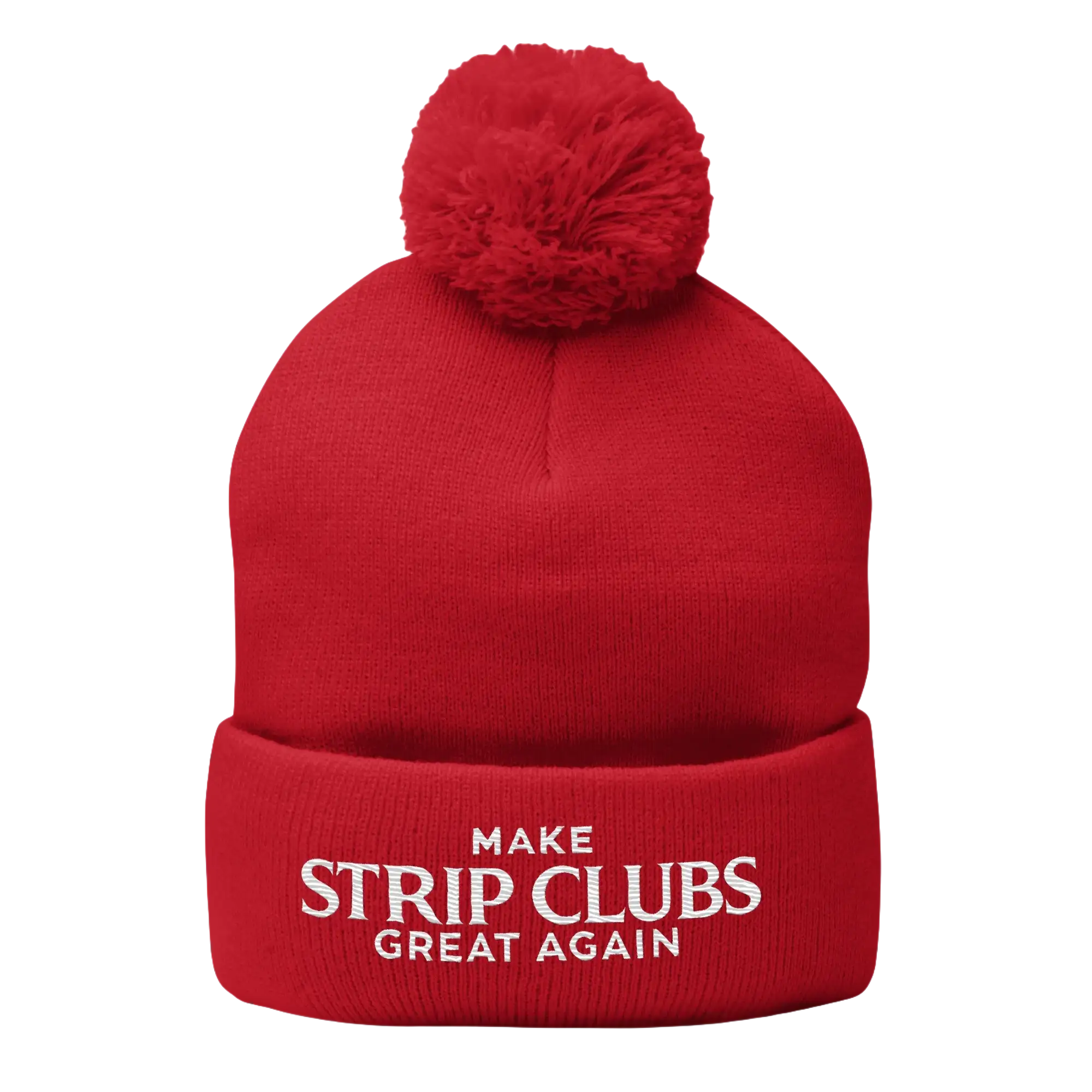 Red knit beanie with pompom.