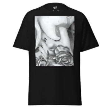 Black t-shirt with grayscale tattoo graphic.