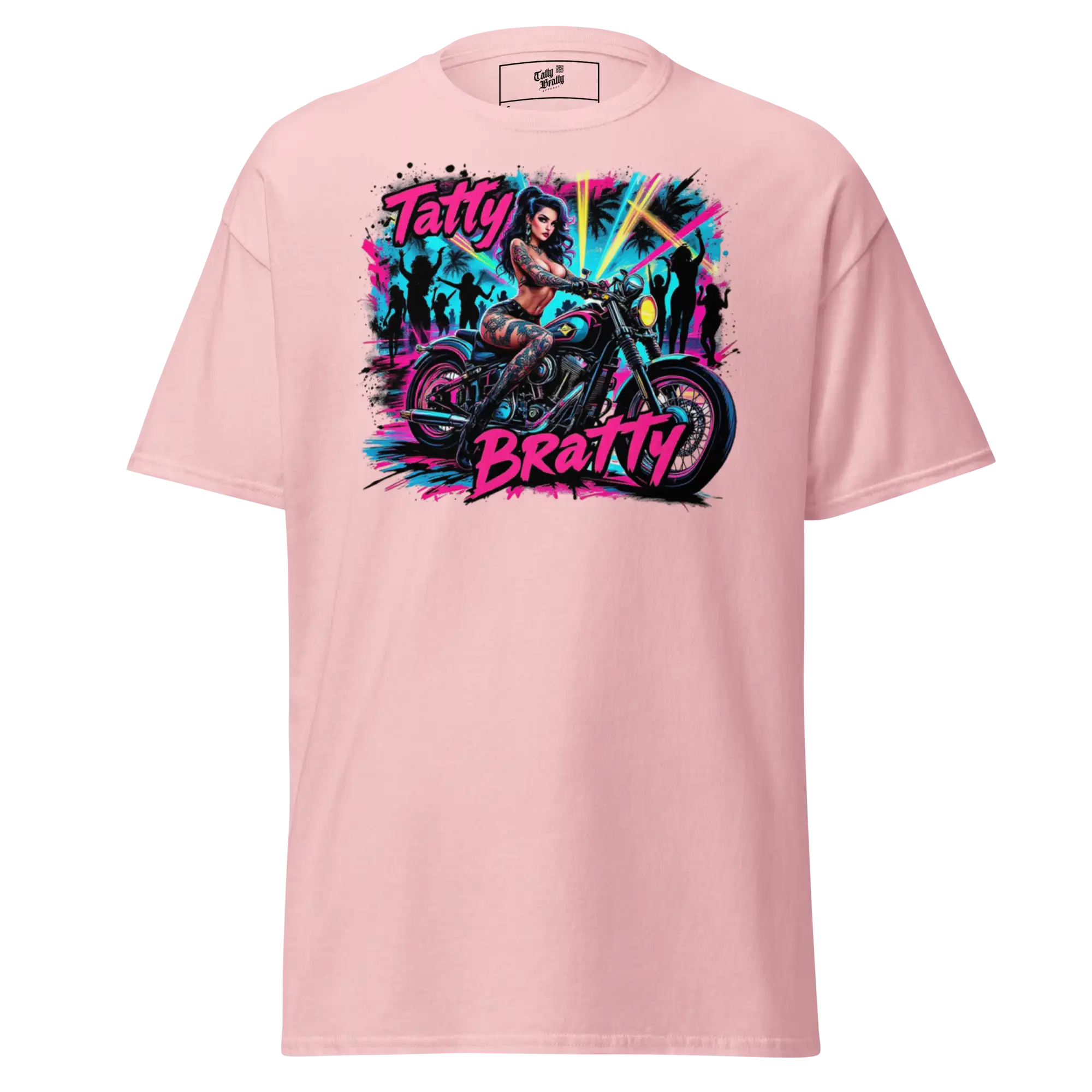 Pink t-shirt with motorcycle graphic.