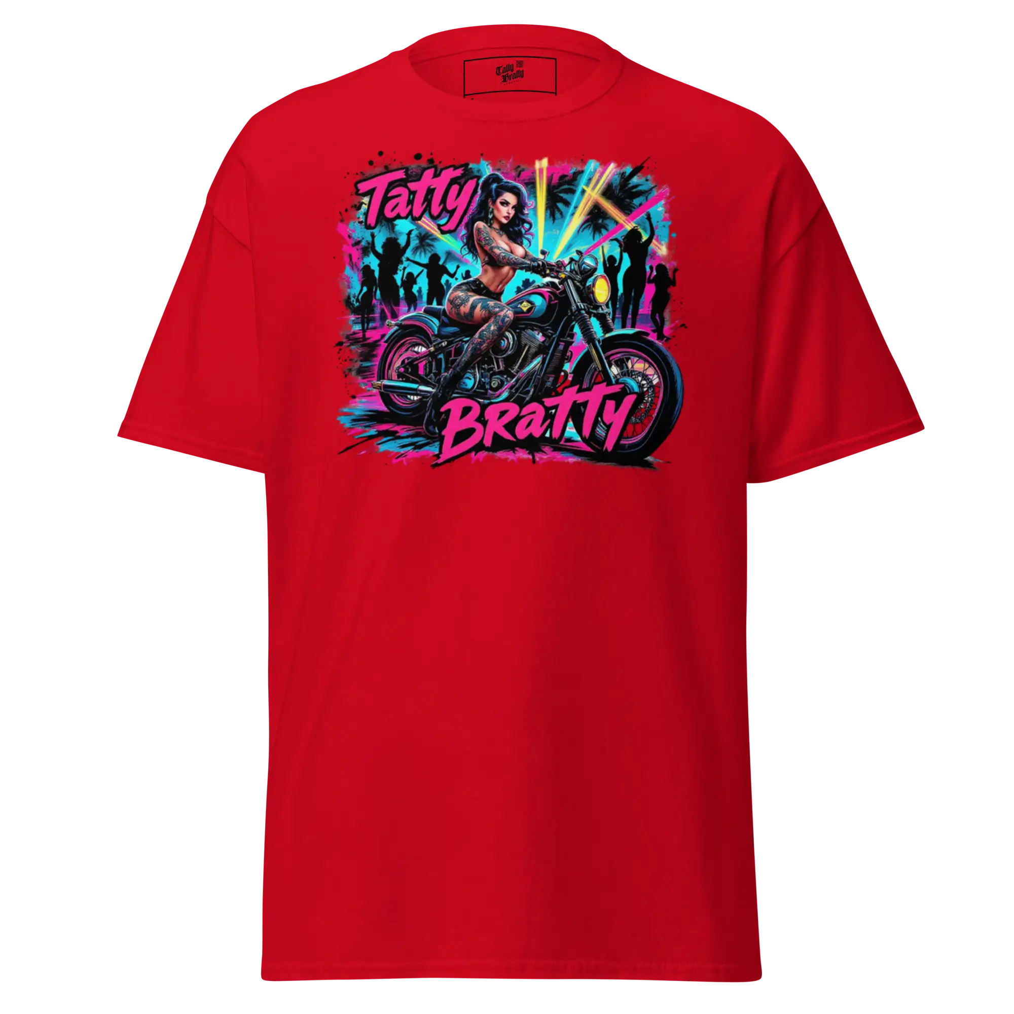Red t-shirt with motorcycle graphic.
