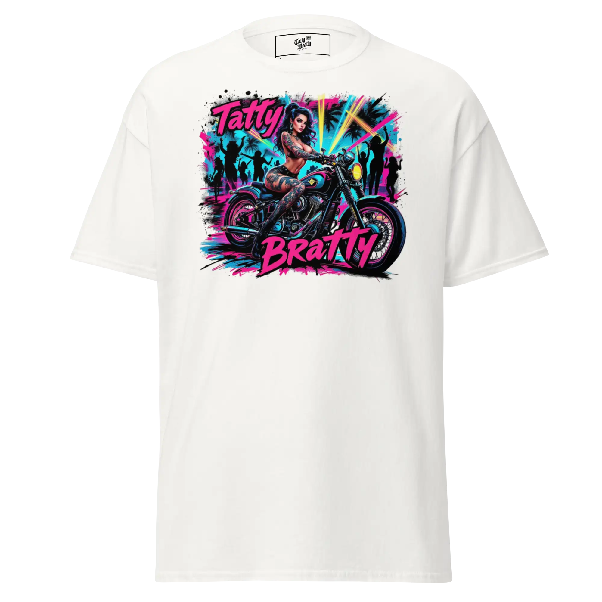 White t-shirt with motorcycle graphic.