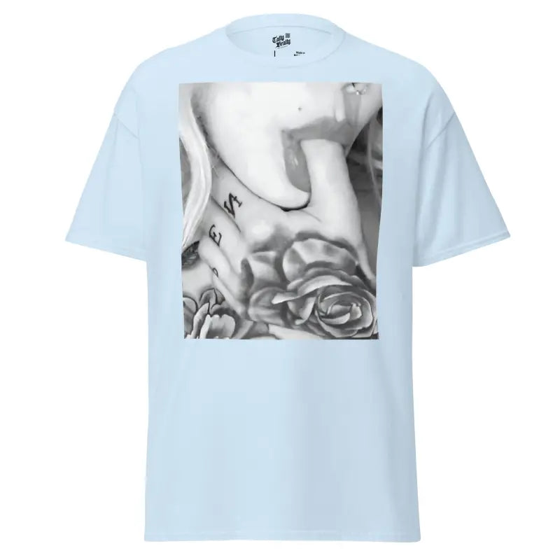 Light blue t-shirt with a black and white graphic.