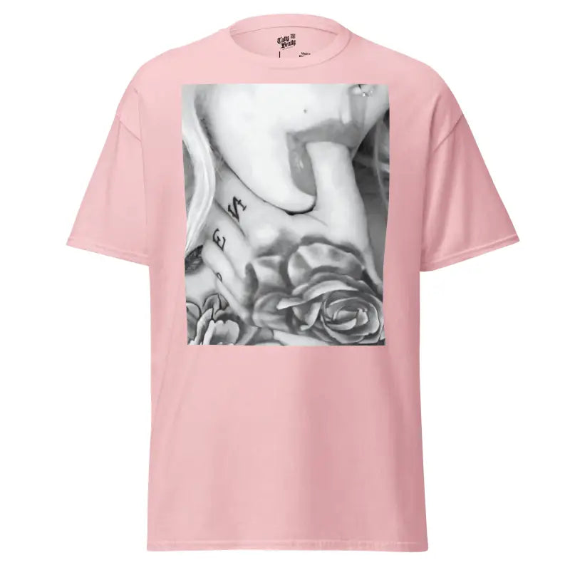 Pink t-shirt with a black and white graphic.