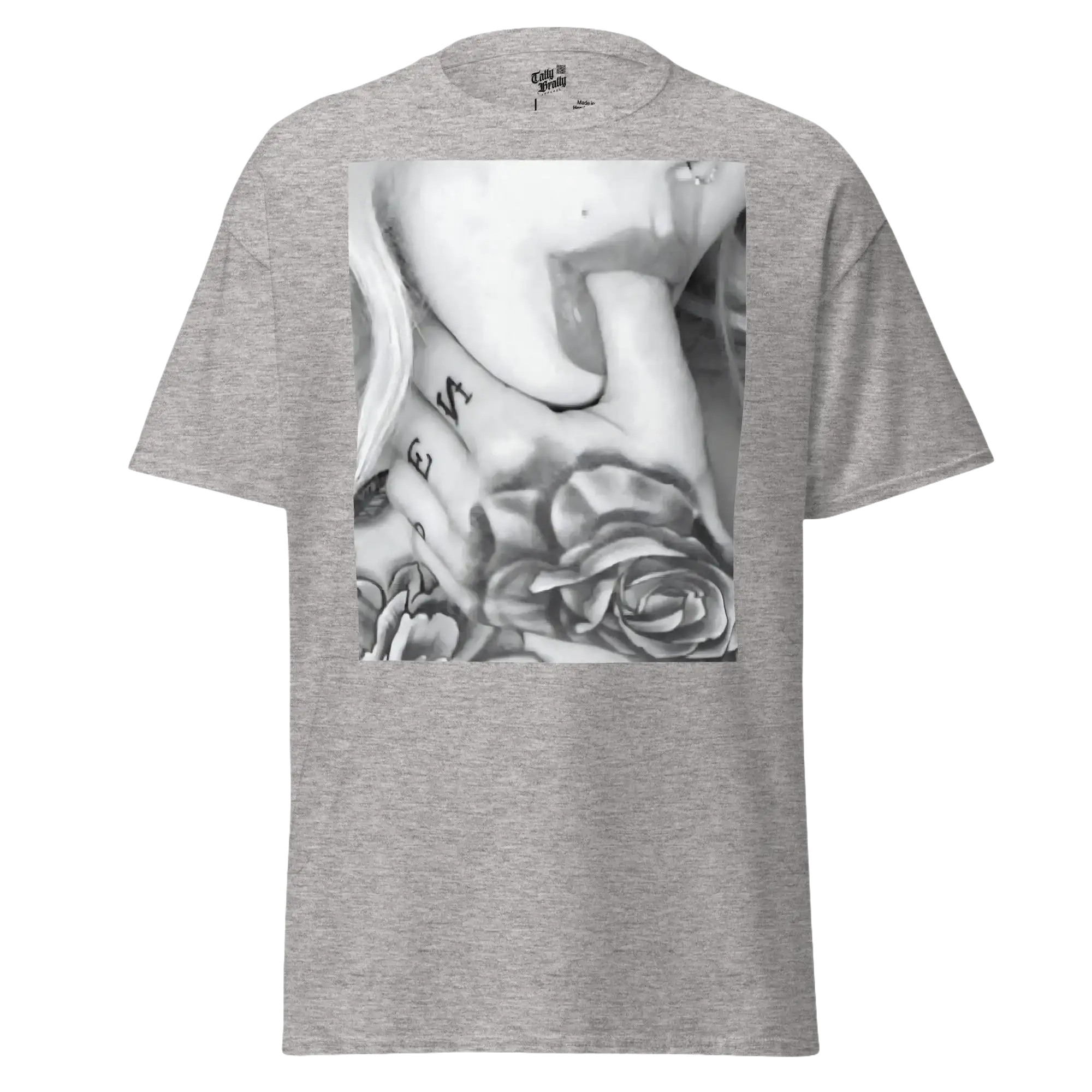 Gray t-shirt with graphic.