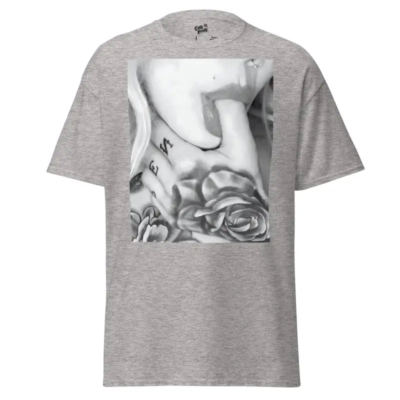 Gray t-shirt with graphic.