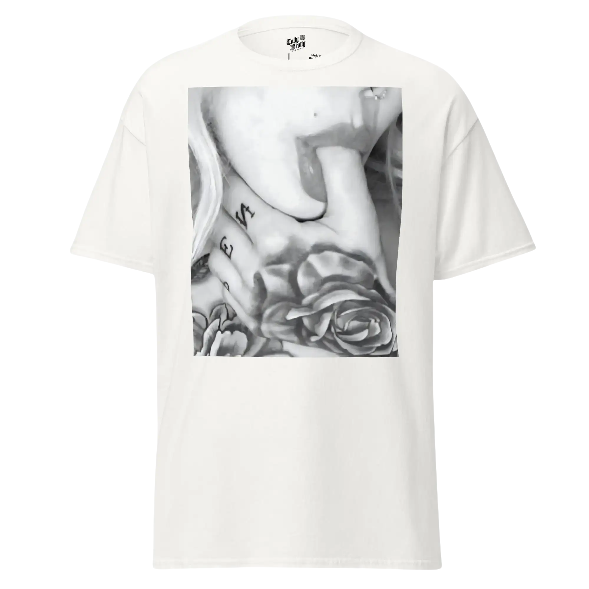White t-shirt with a black and white tattoo graphic.
