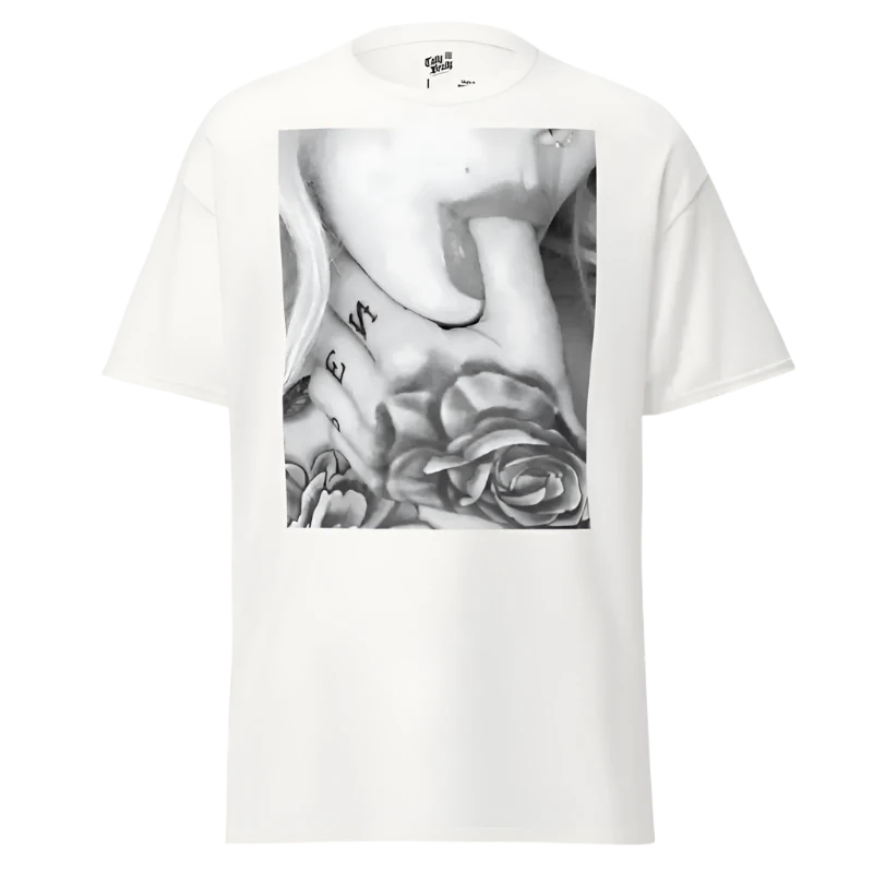 White t-shirt with a black and white tattoo graphic.